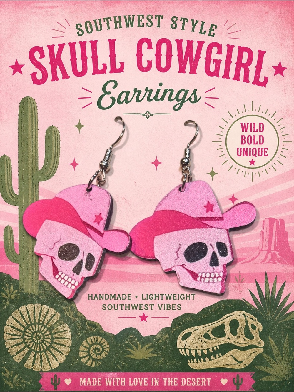 Cute Pink Cowboy Skull Earrings wood 🪵material!